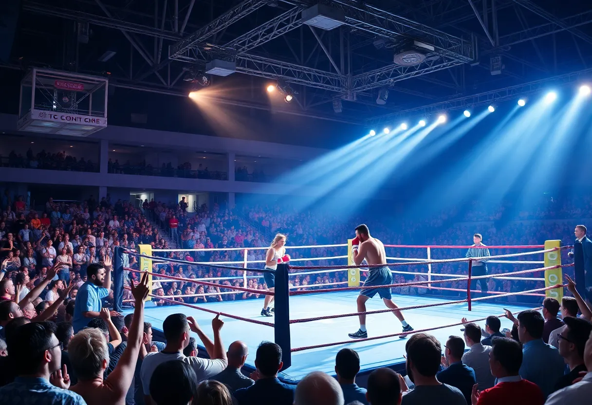 Vibrant scene of a boxing match with enthusiastic crowd