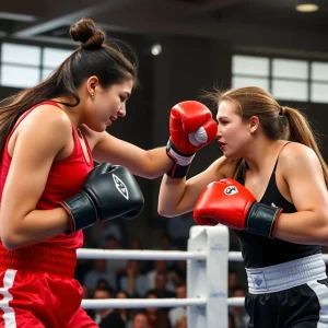 Claressa Shields fighting Franchon Crews-Dezurn in a boxing ring