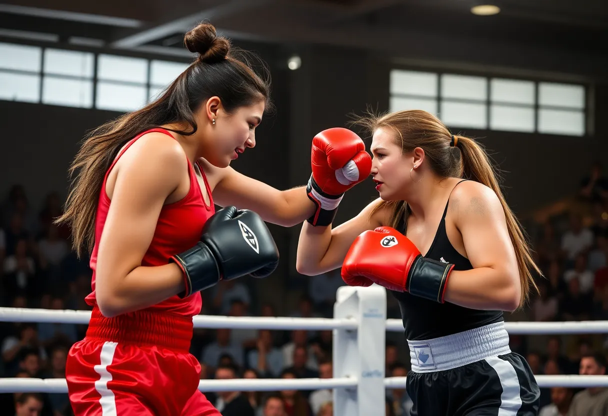 Claressa Shields fighting Franchon Crews-Dezurn in a boxing ring