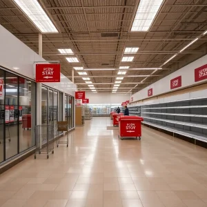 Deserted retail store in Michigan with closed signs
