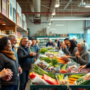 Community members at a grocery store showcasing support.