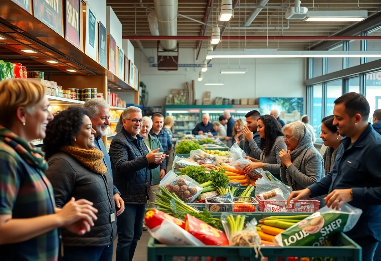Community members at a grocery store showcasing support.