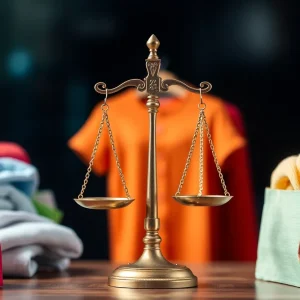 Abstract representation of consumer protection with clothing items and a scale.