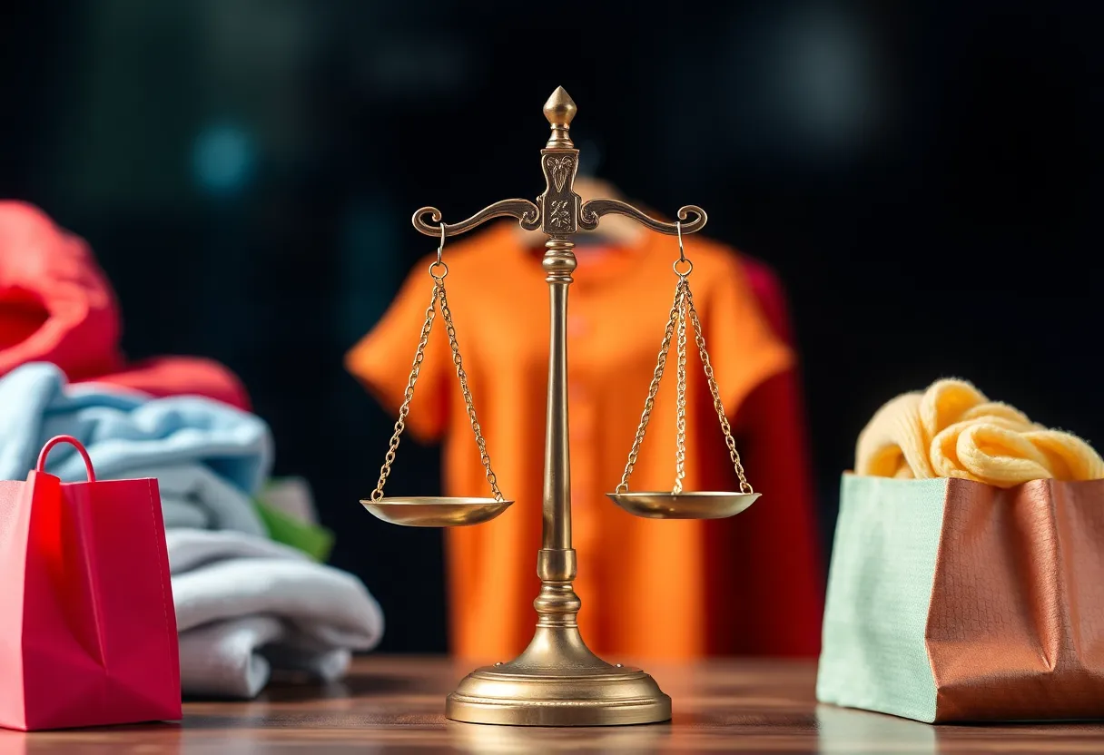 Abstract representation of consumer protection with clothing items and a scale.