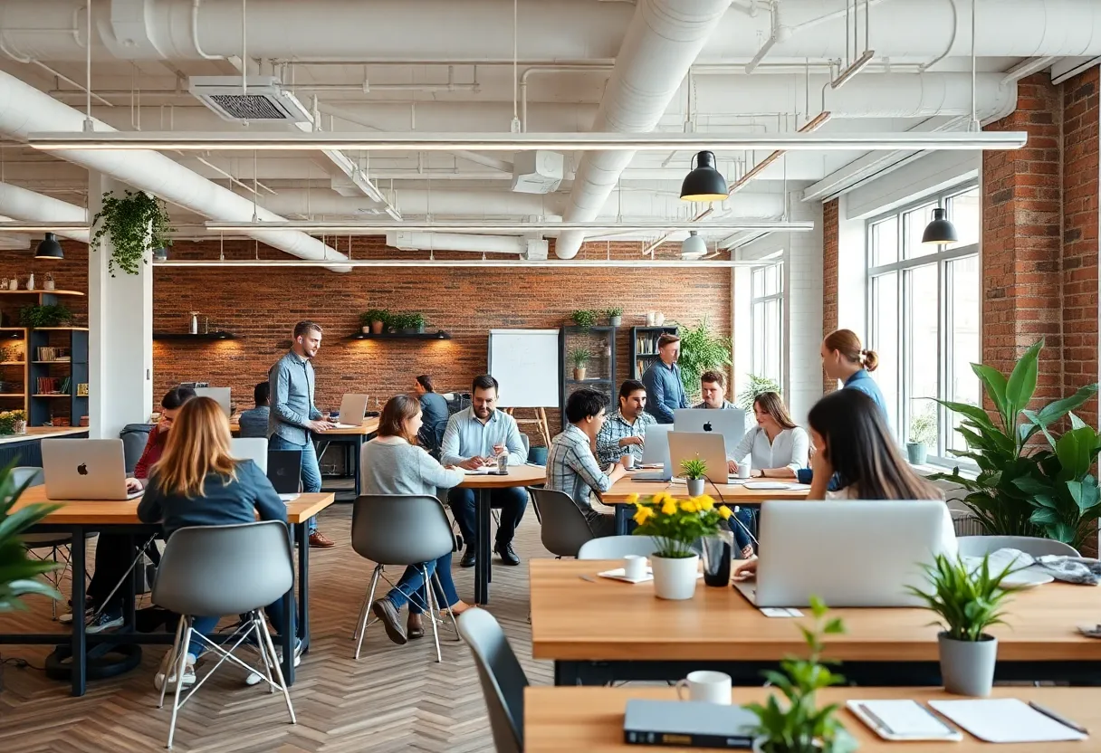 A vibrant coworking space with people working together.