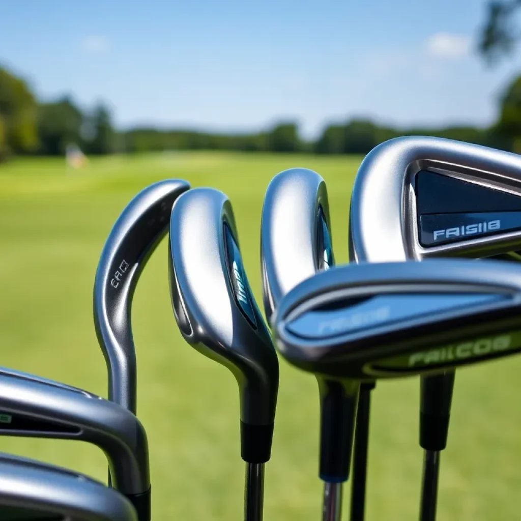 Curved face irons for golf displayed on a beautiful golf course