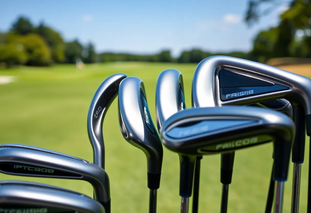 Curved face irons for golf displayed on a beautiful golf course