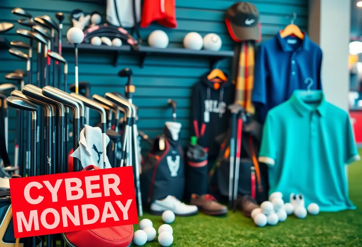 Display of golf equipment on sale for Cyber Monday including clubs, balls, and apparel.
