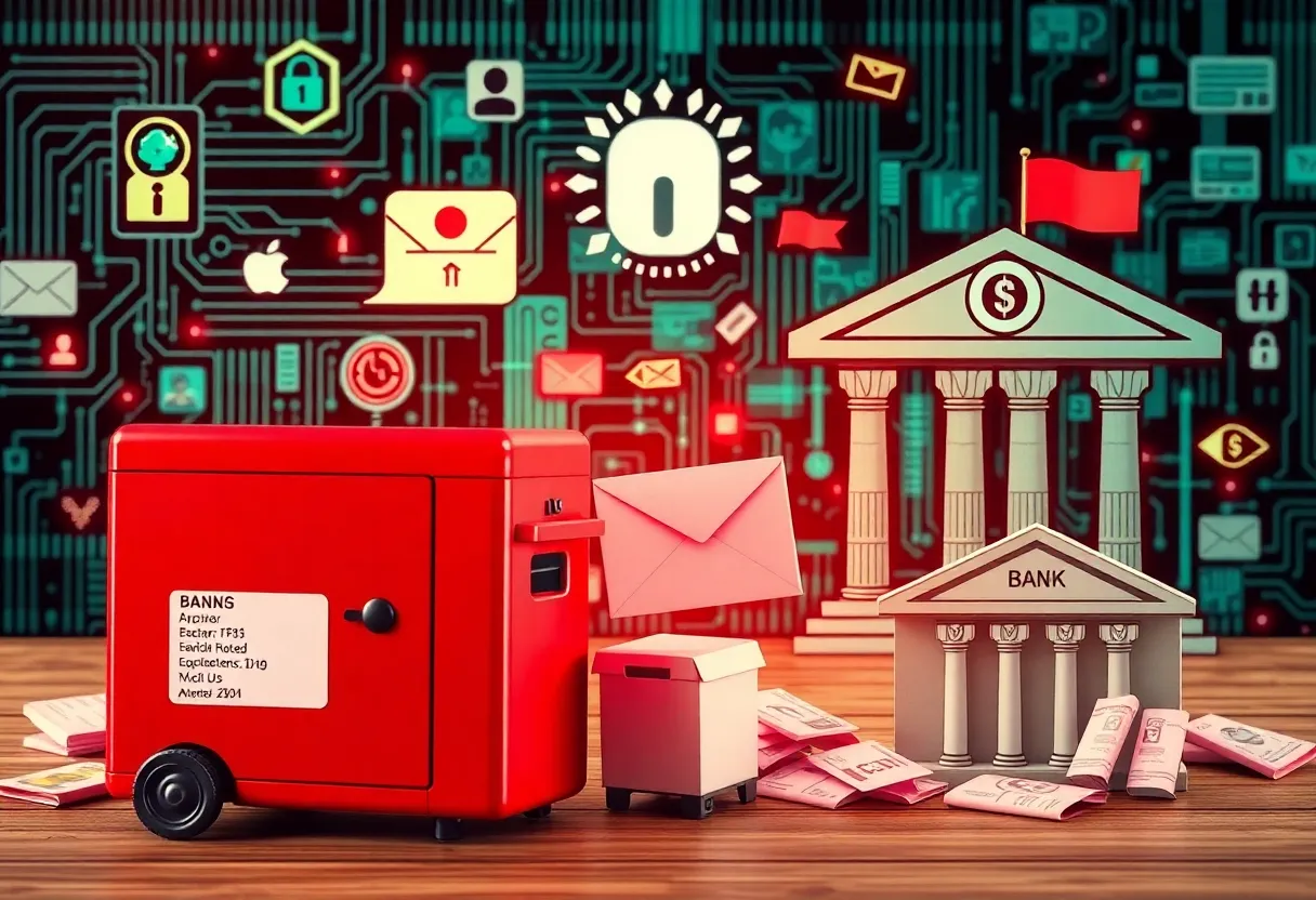 Illustration of a cyberattack impacting postal and banking services