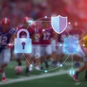 Conceptual illustration of cybersecurity in collegiate sports
