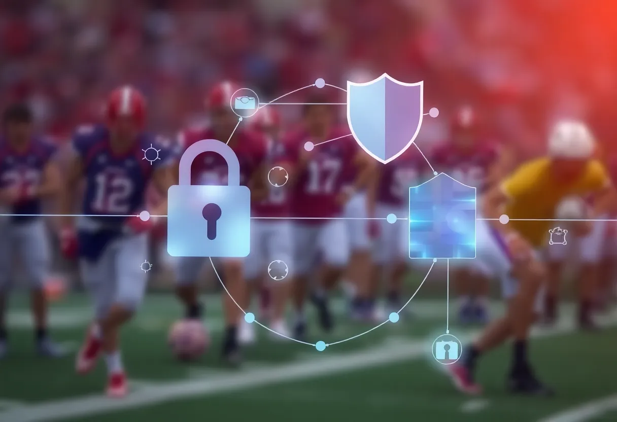 Conceptual illustration of cybersecurity in collegiate sports