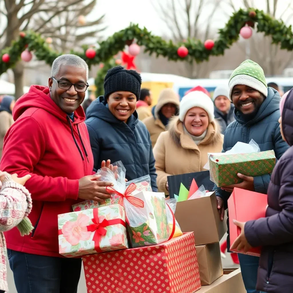 Volunteers distributing gifts and groceries to families at the DABO annual giveaway event in Detroit.