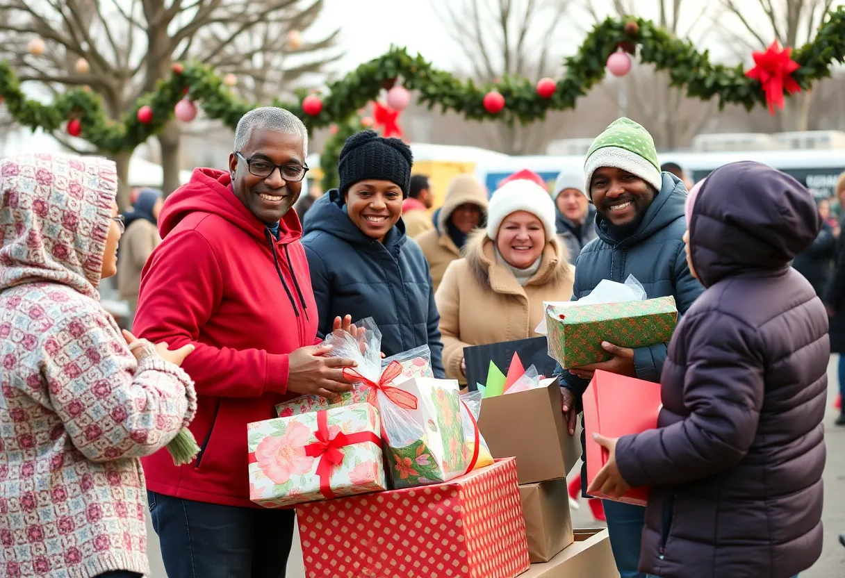 Volunteers distributing gifts and groceries to families at the DABO annual giveaway event in Detroit.