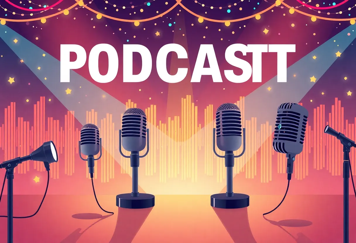 Artwork representing the nomination of a podcast for a prestigious award.