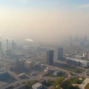 Aerial view of Detroit showing pollution and smog over the city