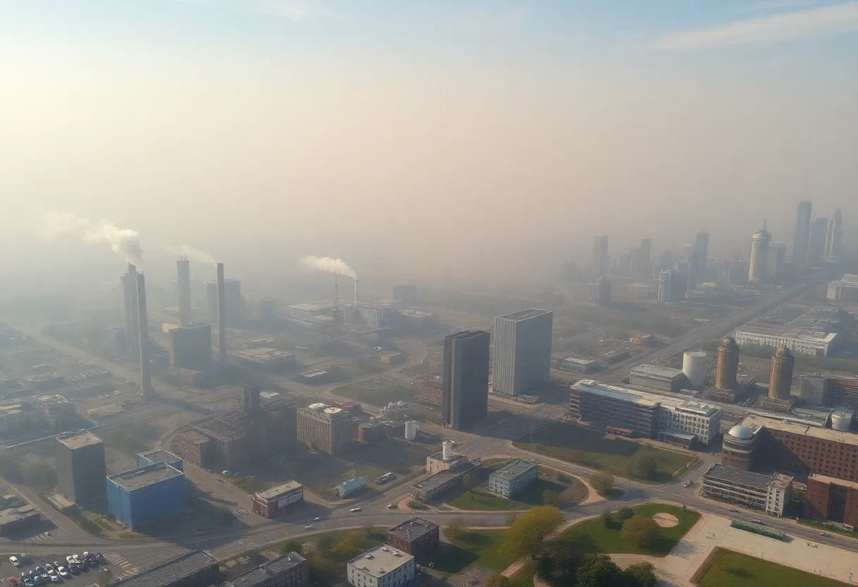 Aerial view of Detroit showing pollution and smog over the city