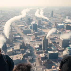 Aerial view of Detroit highlighting air pollution and buildings.