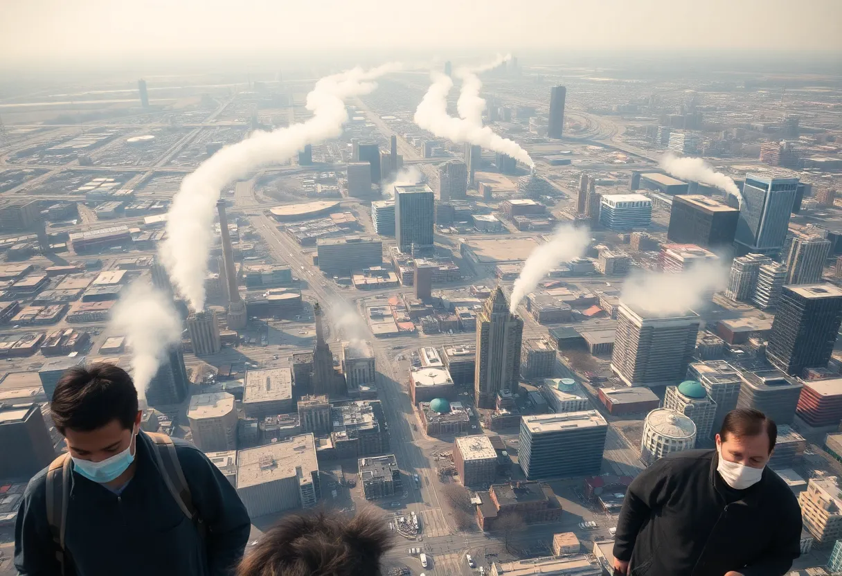 Aerial view of Detroit highlighting air pollution and buildings.