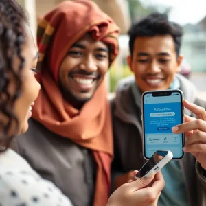 Family receiving financial assistance through mobile app