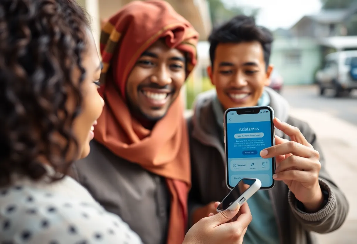 Family receiving financial assistance through mobile app