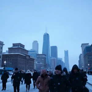 Snowy scene in Detroit with cold temperatures