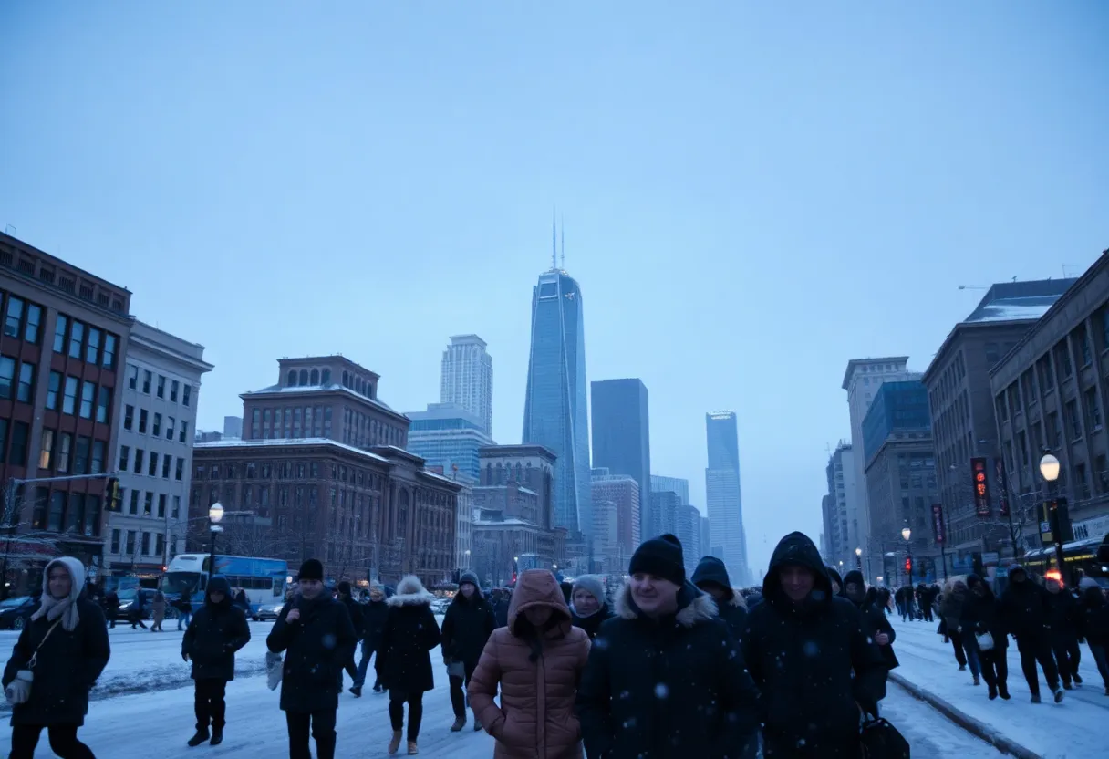 Snowy scene in Detroit with cold temperatures