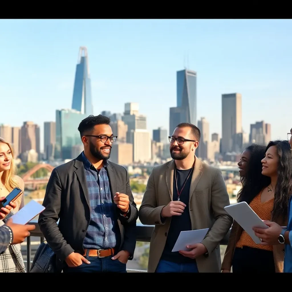 Detroit entrepreneurs collaborating in a modern workspace with the city skyline in the background.