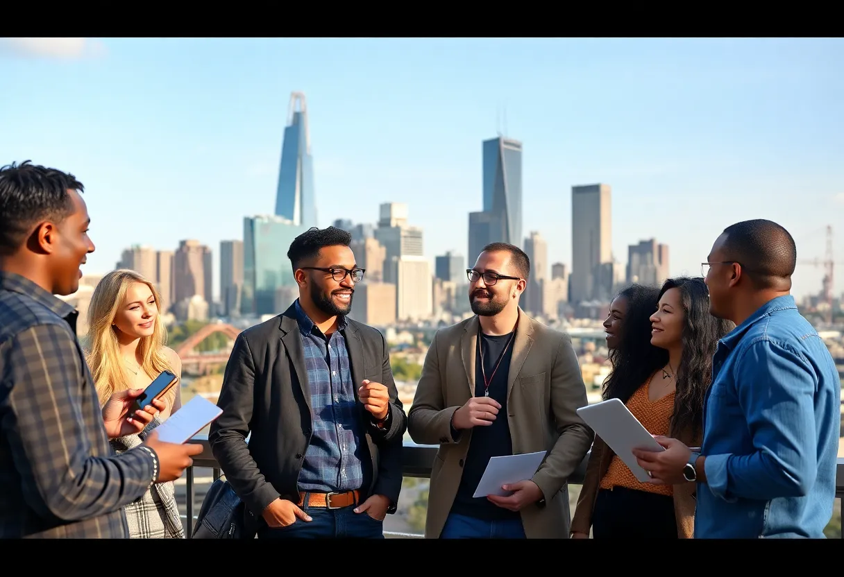 Detroit entrepreneurs collaborating in a modern workspace with the city skyline in the background.