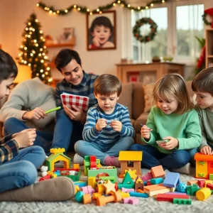 Children playing with make-and-play toys in a festive living room