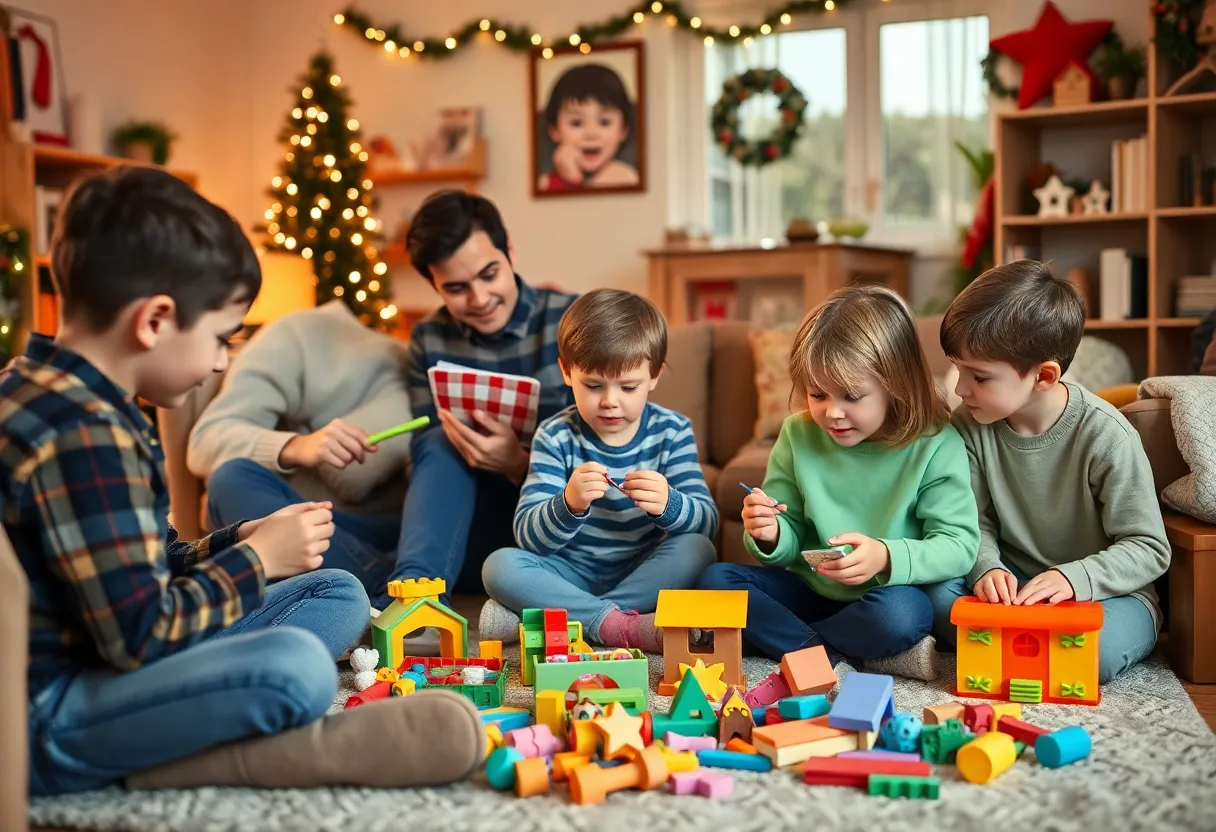 Children playing with make-and-play toys in a festive living room