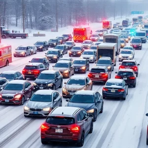 Traffic pileup on I-75 during a snowstorm in Detroit