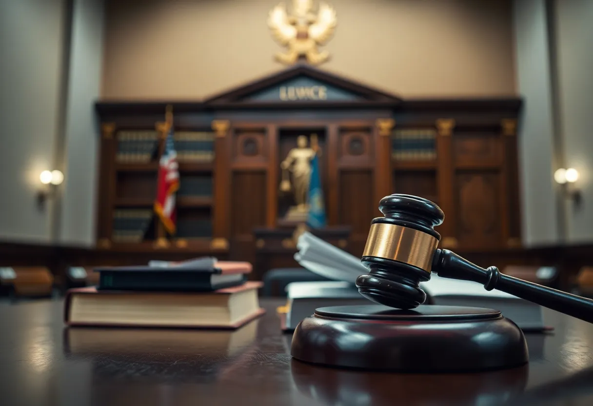 Illustration of a courtroom with law books and a gavel