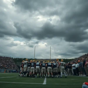 Detroit Lions players huddle during a game, expressing determination amidst challenges.