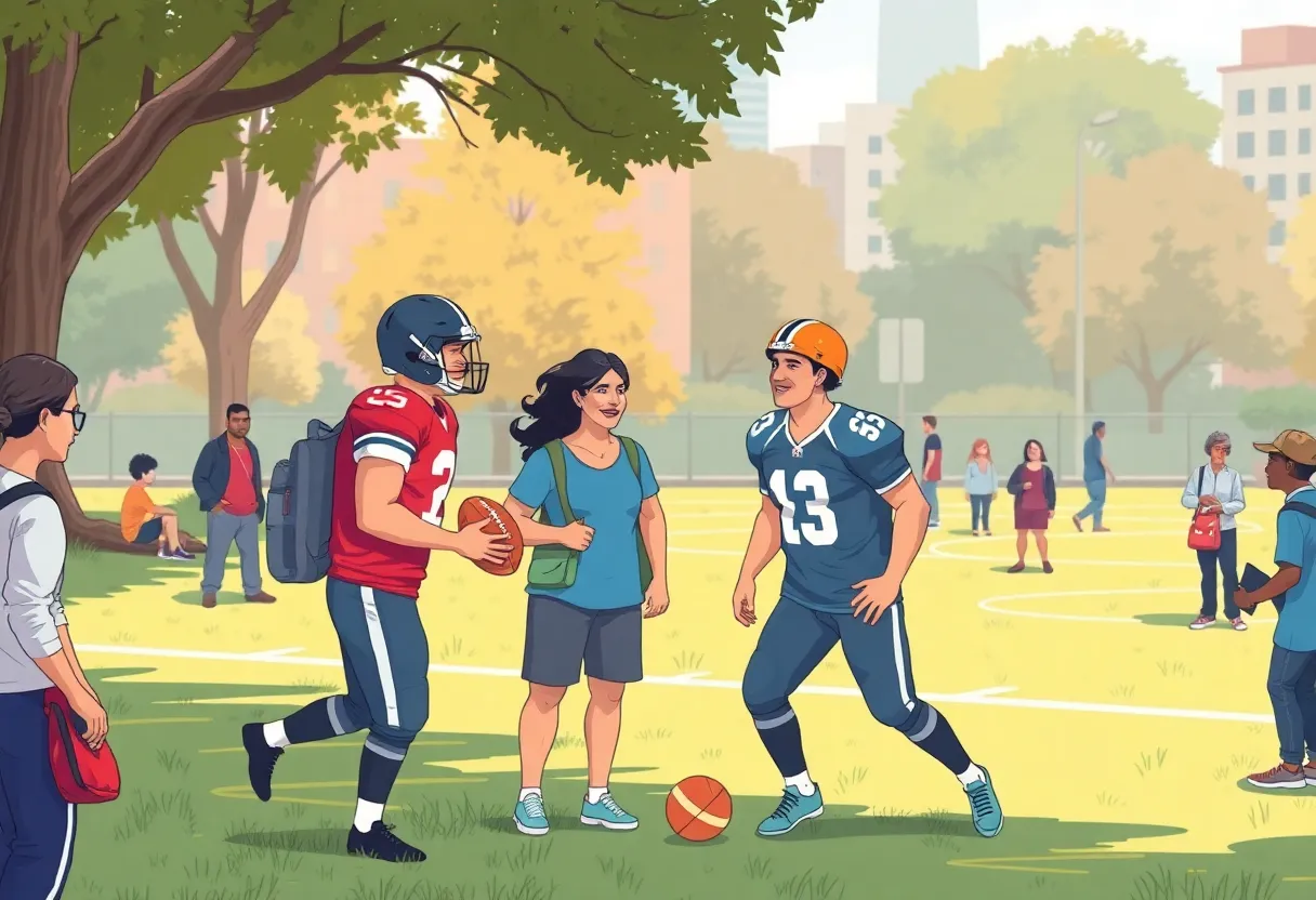 Detroit Lions running backs engaging with local community members in a park.