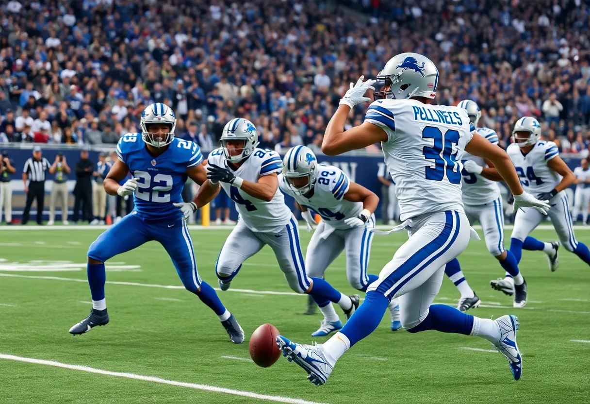 Detroit Lions players in action against the Dallas Cowboys during a playoff game.