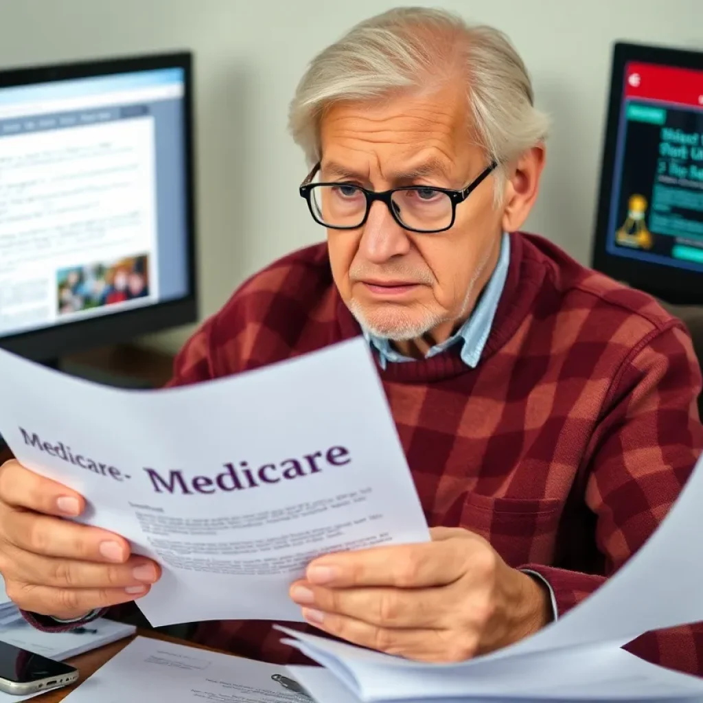 Elderly person looking concerned about Medicare scams with documents and technology around.