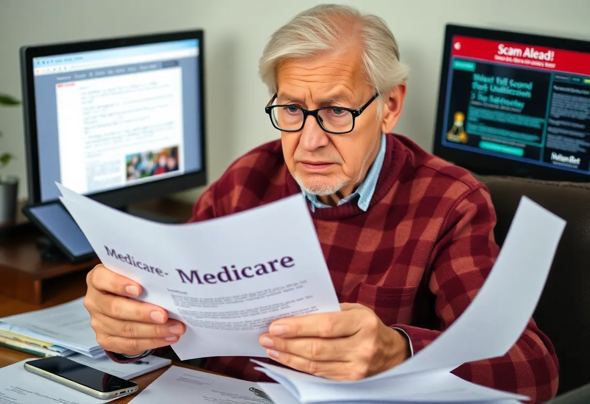 Elderly person looking concerned about Medicare scams with documents and technology around.