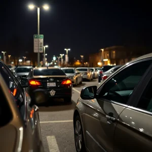 Well-lit parking area with vehicles and anti-theft devices