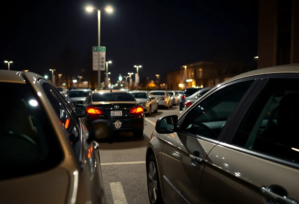 Well-lit parking area with vehicles and anti-theft devices
