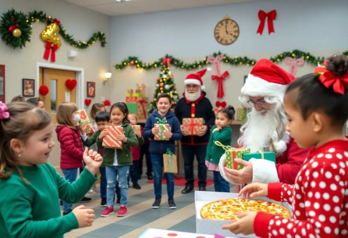 Children receiving gifts at a holiday event in Flint