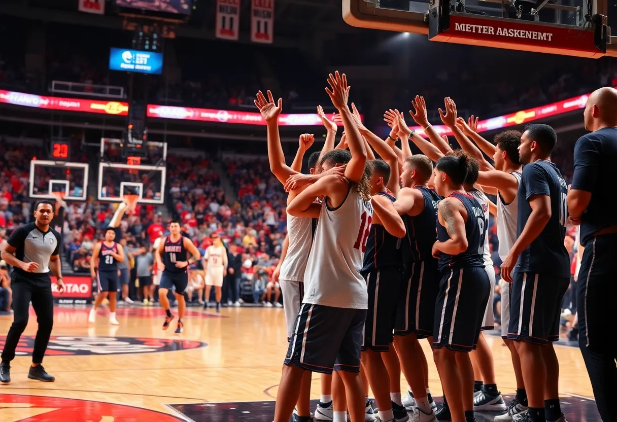 Detroit Pistons players celebrating after a game victory