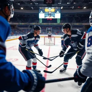 Hockey players discussing a trade negotiation on the ice