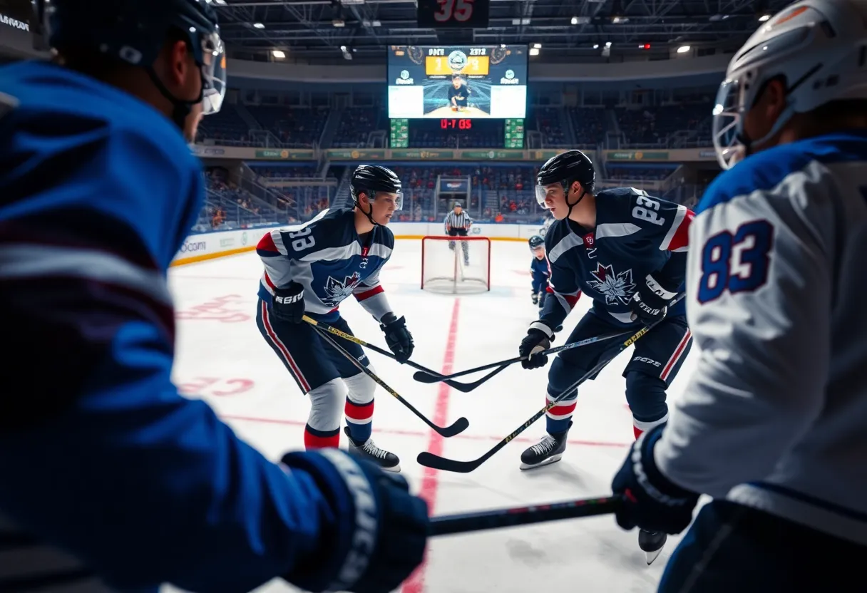 Hockey players discussing a trade negotiation on the ice