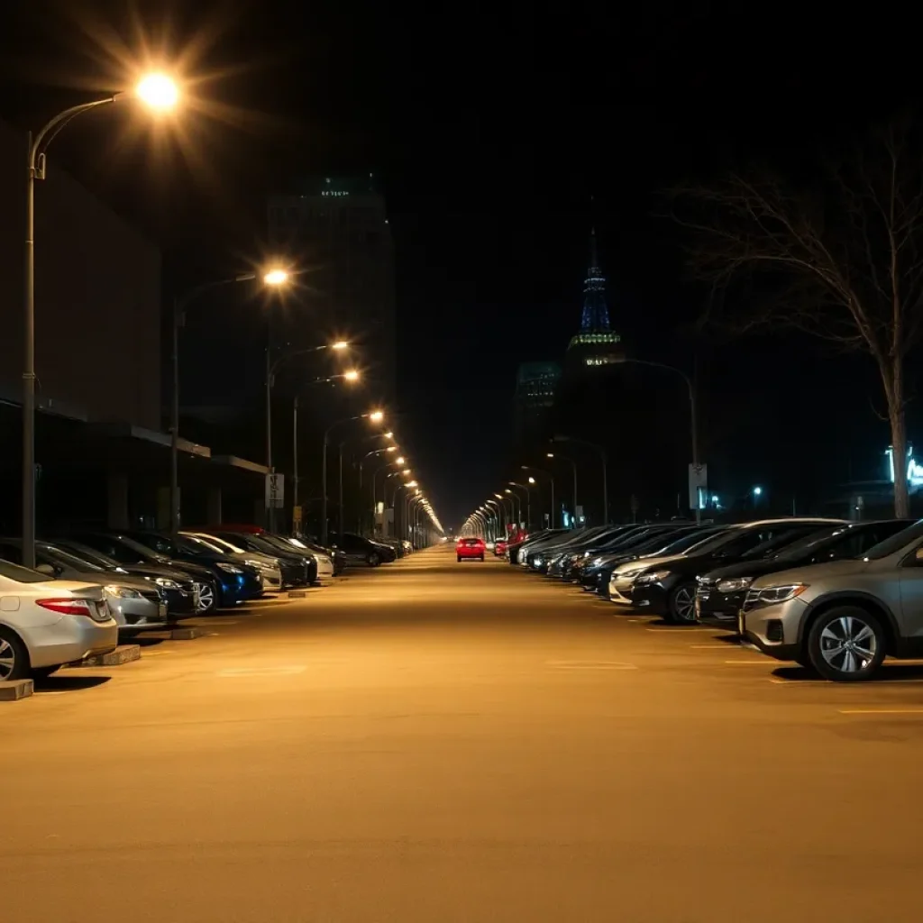 Well-lit parking area in Detroit at night, highlighting vehicle safety.