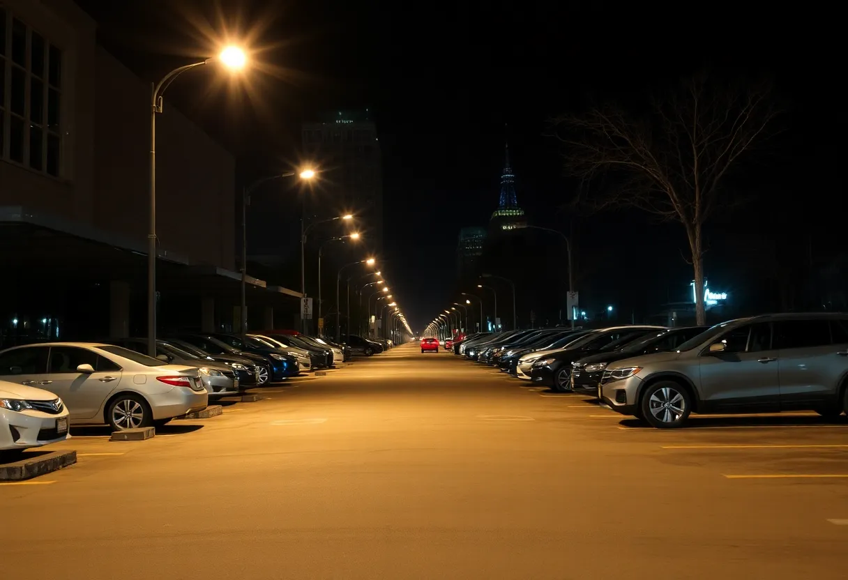 Well-lit parking area in Detroit at night, highlighting vehicle safety.