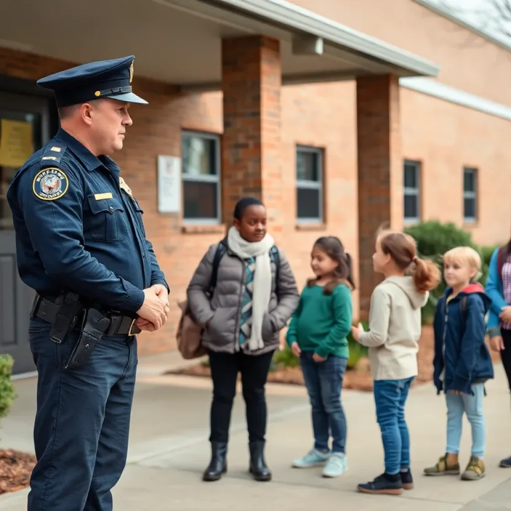 Police officer outside school addressing parents about safety concerns