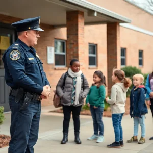 Police officer outside school addressing parents about safety concerns