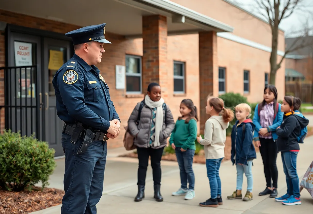 Police officer outside school addressing parents about safety concerns