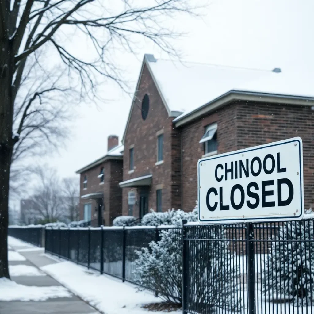 Snowy landscape showing closed schools in Detroit