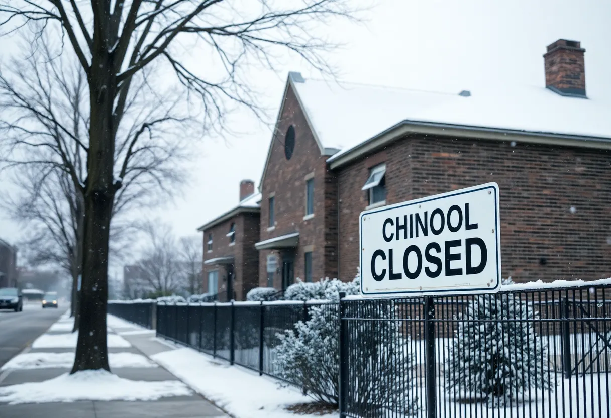 Snowy landscape showing closed schools in Detroit